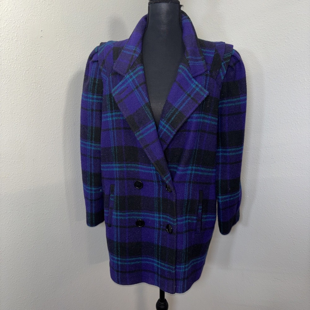 Vtg New York Girls Coat Women's 12 Purple Plaid Wool Double Breasted Union Made